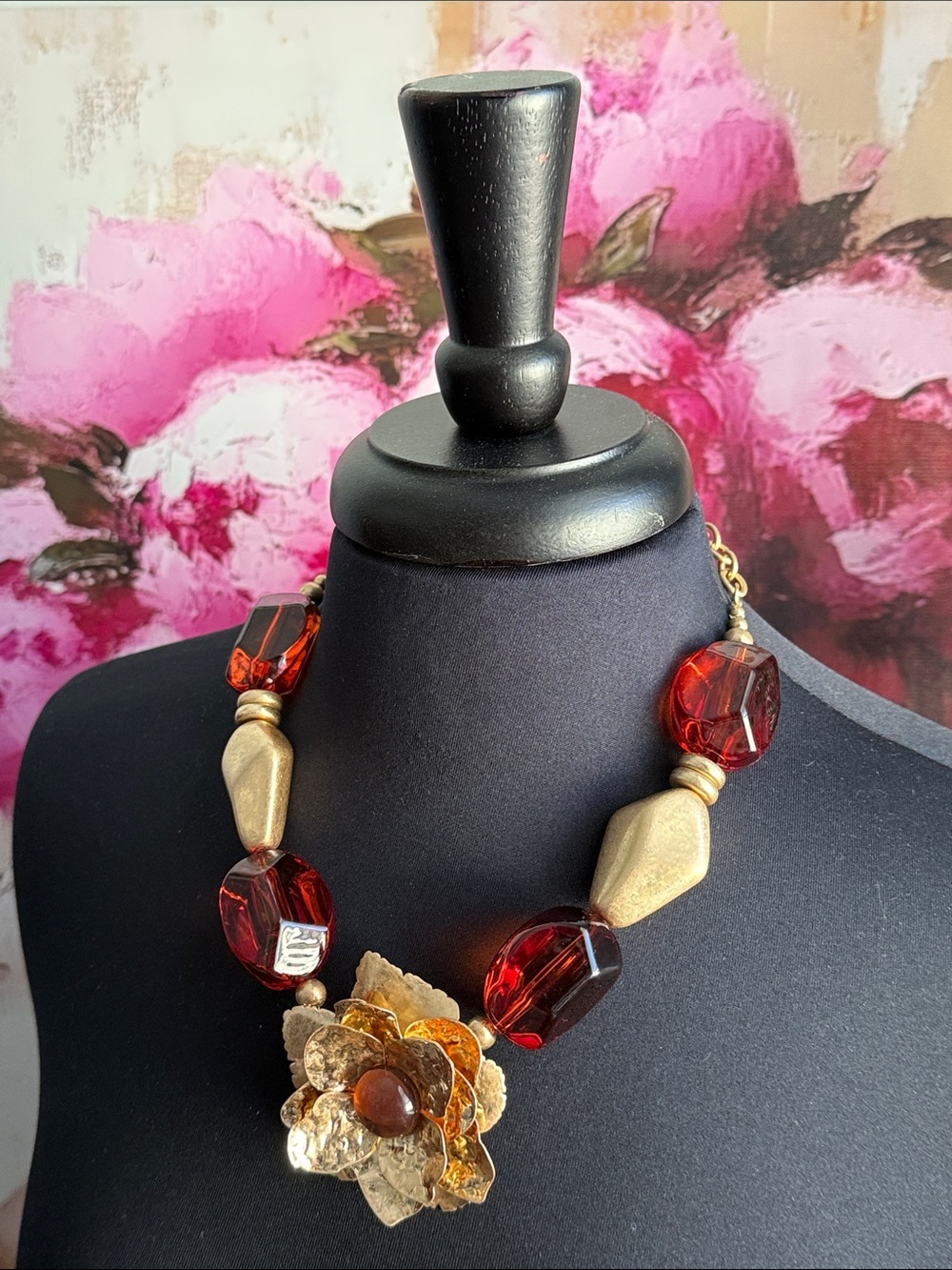 Gold Metal Floral Pendant Necklace with Deep Amber Beads